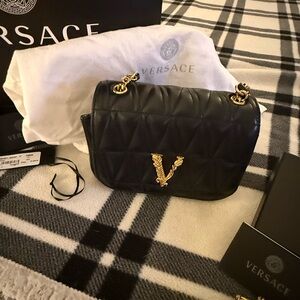 Versace Black Quilted Shoulder Bag with Gold Accents AND Matching wallet